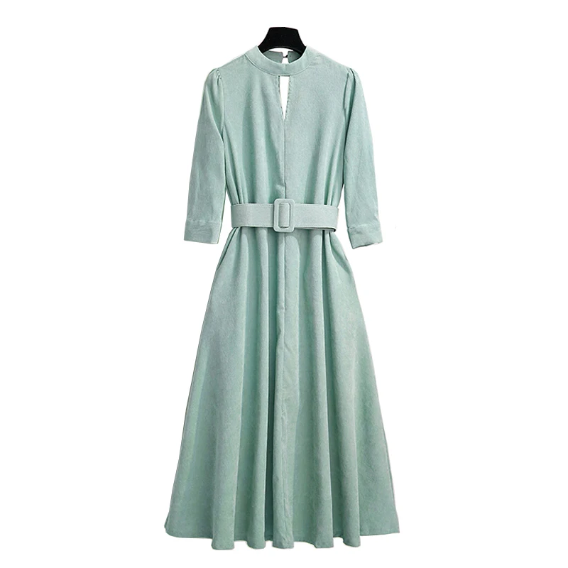

PERHAPS U Green Corduroy Stand Collar 3/4 Sleeve Sash Vintage Solid A-line Maxi Dress D1726