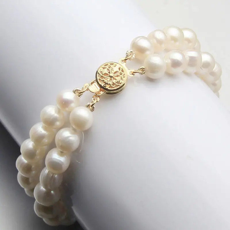 

New 7-8mm 2 Rows Genuine Natural Freshwater Akoya Pearl Bracelet 7.5" AAA+