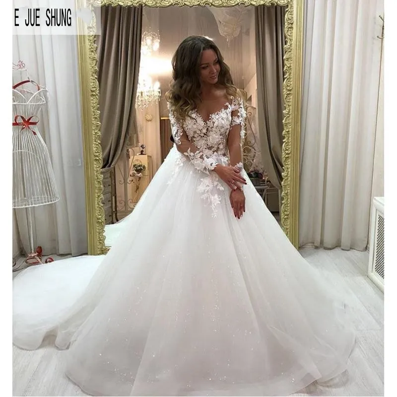 

E JUE SHUNG White Gorgeous Wedding Dresses Sheer Scoop Neck Lace Appliques Shiny Long Sleeves Bridal Gowns Robe De Marriage