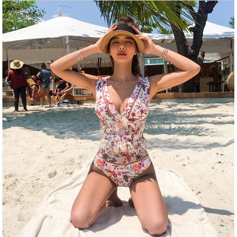 Купальник женский сплошной с пуш ап пляжная одежда большого размера принтом