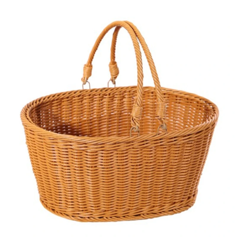 

C90D Natural Rattan Woven Basket Picnic Fruit Bread Organizer with Handles Eggs Candy Food Storage Handwoven Basket