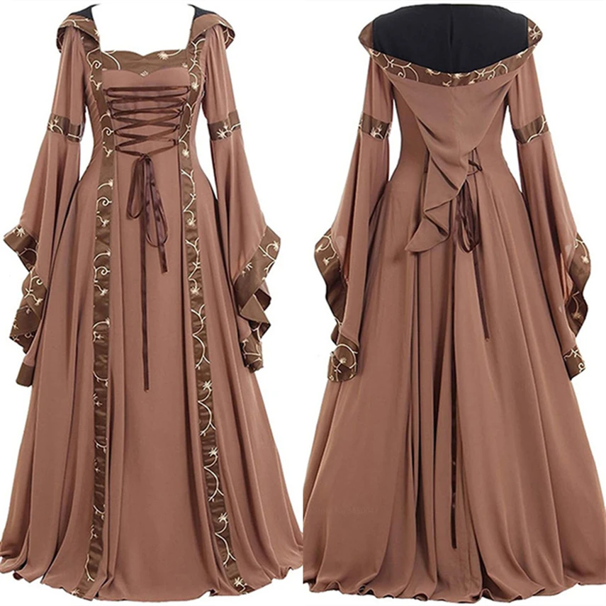 

Medieval Renaissance Queen Cosplay halloween Costume Women Square Collar Vinatage hooded dress collar with bell-sleeve skirt