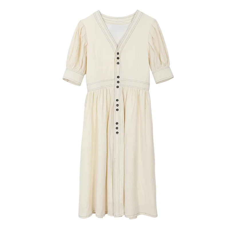 

One-piece dress retro mid-length dress women's short-sleeved elegant dress office ladies button design