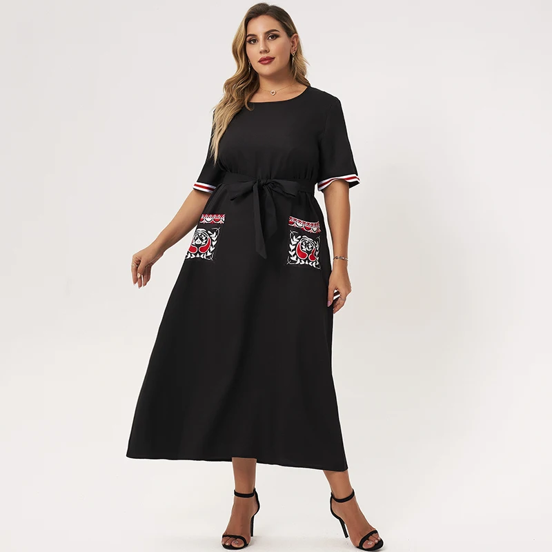 

2022 New Summer Maxi Dress Women Plus Size Black Pockects Sashes Plant Hand-painted Print Striped Short Sleeve Large Party Robes