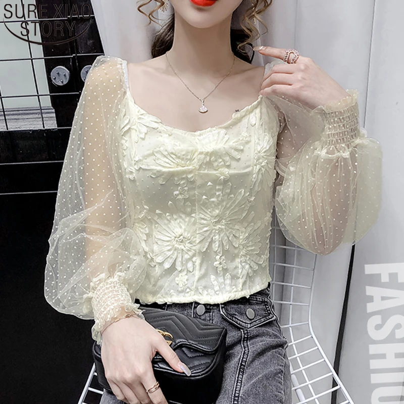 

2021 Autumn Korean Fashion Polka Dot Lantern Sleeve Blouse Mesh Spliced Shirt Sexy Slash Neck Long Sleeve Shirts Chemisier 11420