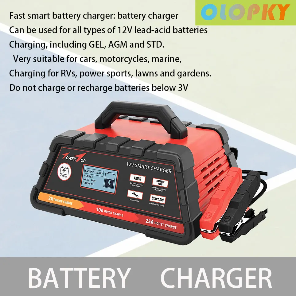 

2/10/25A 12V smart battery charger/maintenance device with automatic engine start, cable clamp