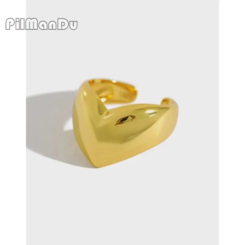 

PilManDu S925 Sterling Silver Finger Rings Simple Love Heart Shape Wide Open Female Ring Personalized Silver Ring