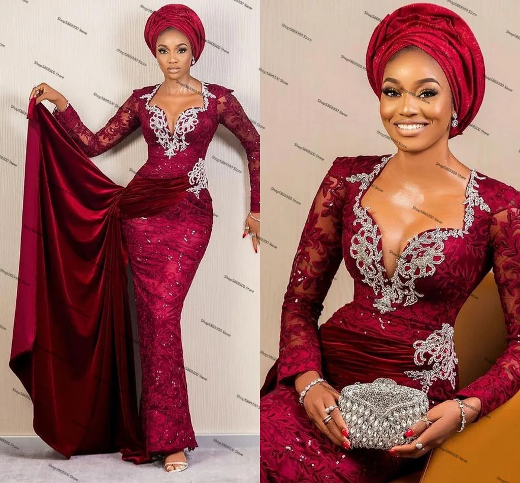 

Aso Ebi бордовый цвет с длинным рукавом блестками Кружевная аппликация африканская плиссированная лента Русалка Вечерние платья