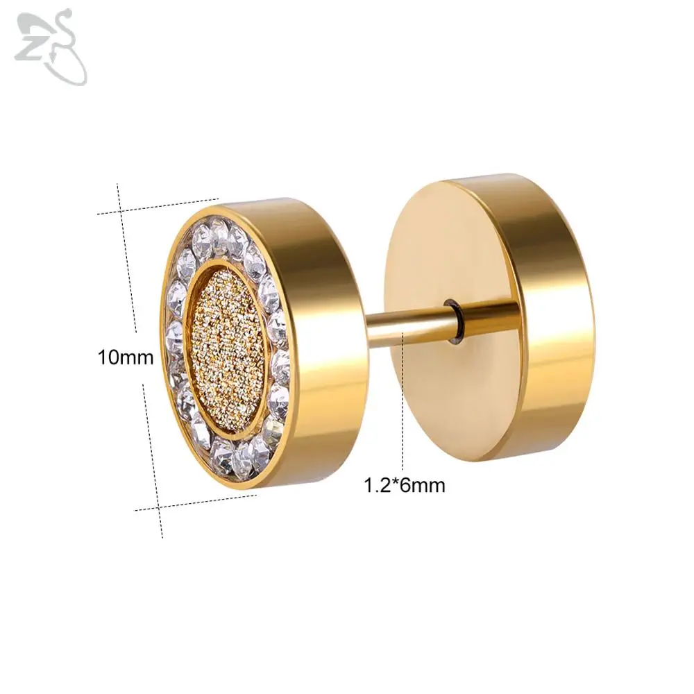 ZS Stainless Steel Stud Earrings For Women Girls Shiny AAA Cubic Zirconia Round Ear Gold Rose Color 16G Fake Plugs | Украшения и