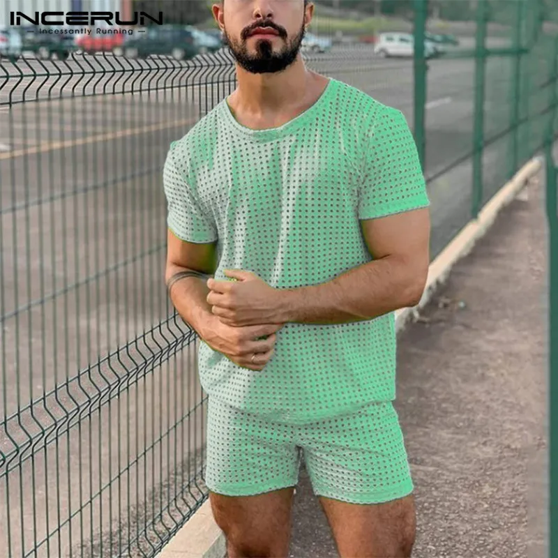 

INCERUN Men Mesh Sets See Through Solid Color Summer Streetwear Short Sleeve T Shirt & Shorts 2 Pieces 2021 Casual Mens Suits