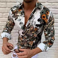mens summer floral print slim muscle casual shirts tops hawaii long sleeve shirts