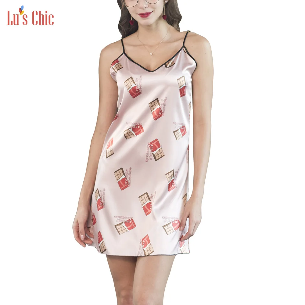 

Женская атласная ночная сорочка Lu's Chic, роскошная короткая ночная сорочка с регулируемым ремешком и V-образным вырезом