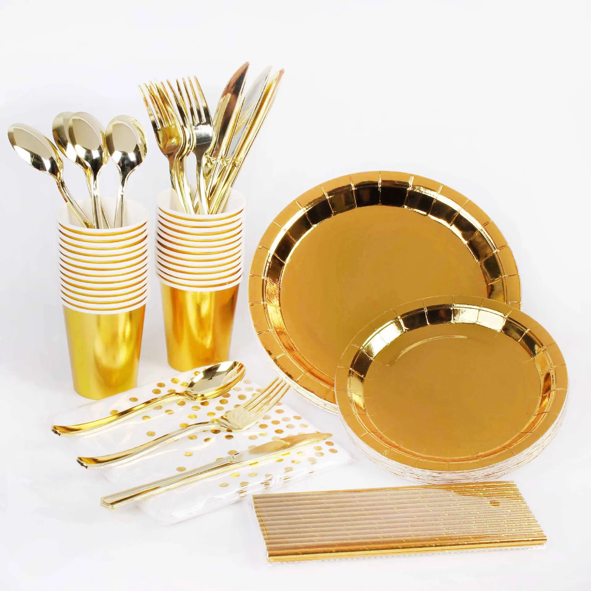 

Golden party disposable tableware set party decoration paper cup tray wedding birthday baby shower balloon party supplies