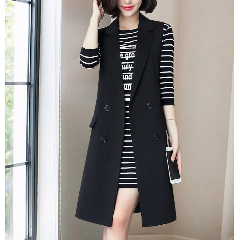 

2021 Spring Autumn Women New Solid Vest Female Button Sleeveless Long Blazer Vest Ladies Office Vintage Waistcoat M287