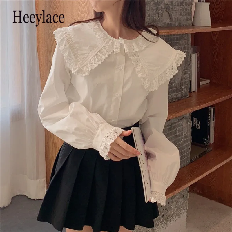 

White Solid Shirts Women Sweet All Match Autumn Long Sleeve Fashion Blouses 2020 Lace Korean Blusas Girls Tops