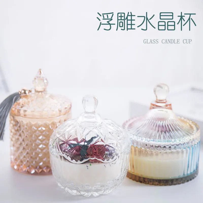 

Glass Jar Handmade DIY Candle Jar Lid Roman Relief Crystal Jar Glass Empty Cup Jars Lid Candy Jar Almacenaje Home BY50LZ