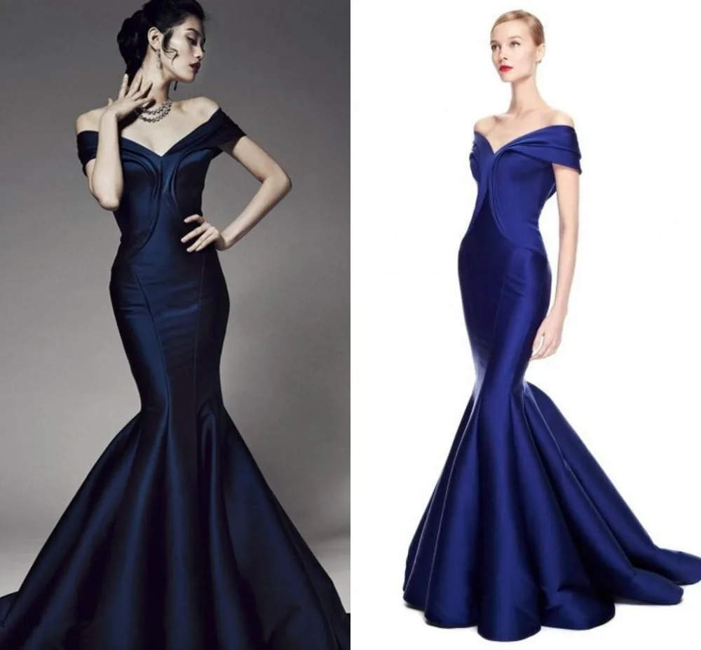 

Elegant Navy Off The Shoulder Evening Gowns 2023 Mermaid Satin Long Formal Robe De Soiree Longue mother of the bride dresses