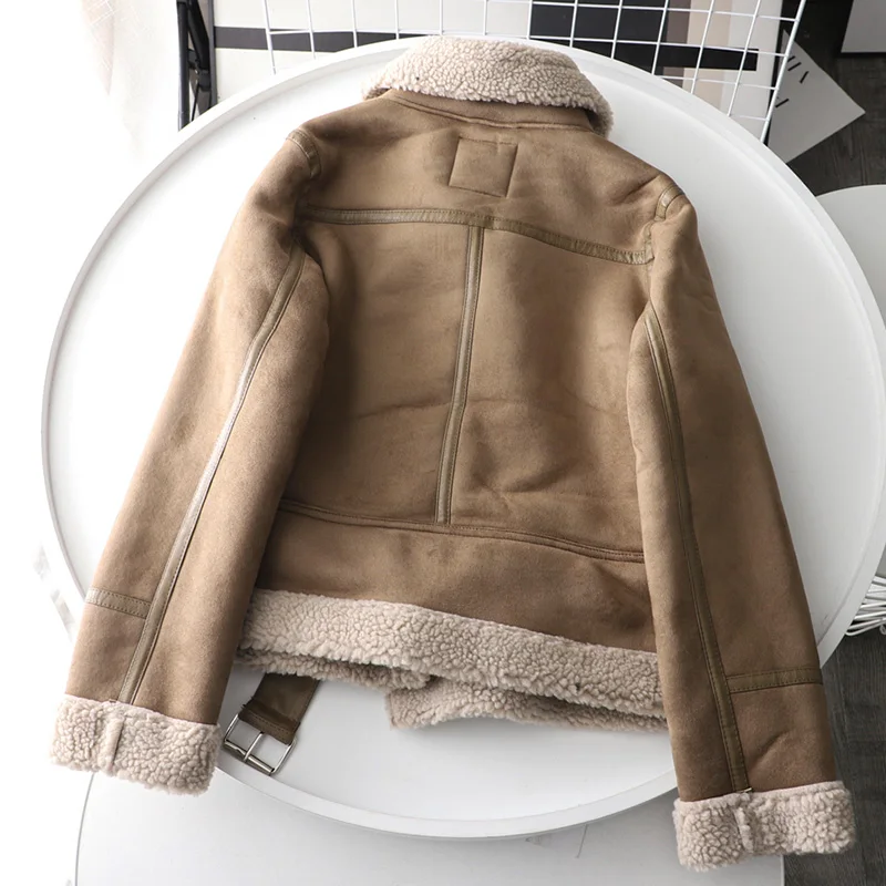 NEW2021 ERQIBA New Winter Women Pu Faux Lamb Leather Jacket with Belt Streetwear Suede Turndown Collar Thick Warm Coat Black