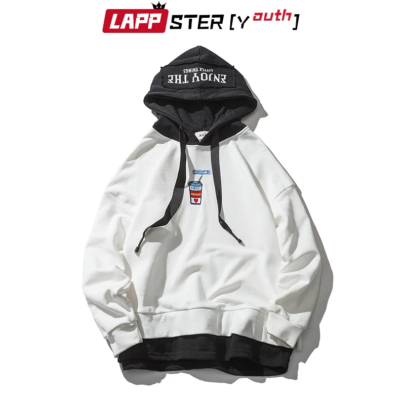 

LAPPSTER-Youth Men Streetwear Harajuku Patchwork Hoodies 2023 Pullover Embroidery Drink Casual Sweatshirts Korean Hooded Hoodies