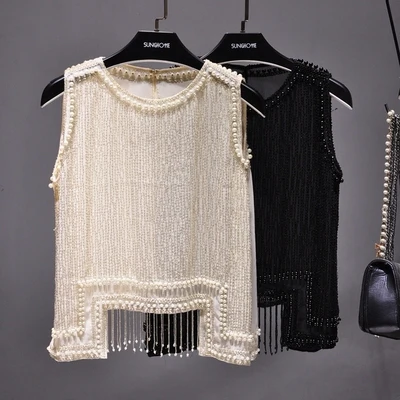 Модная женская блузка с бусинами без рукавов Летние шифоновые топы жемчужными
