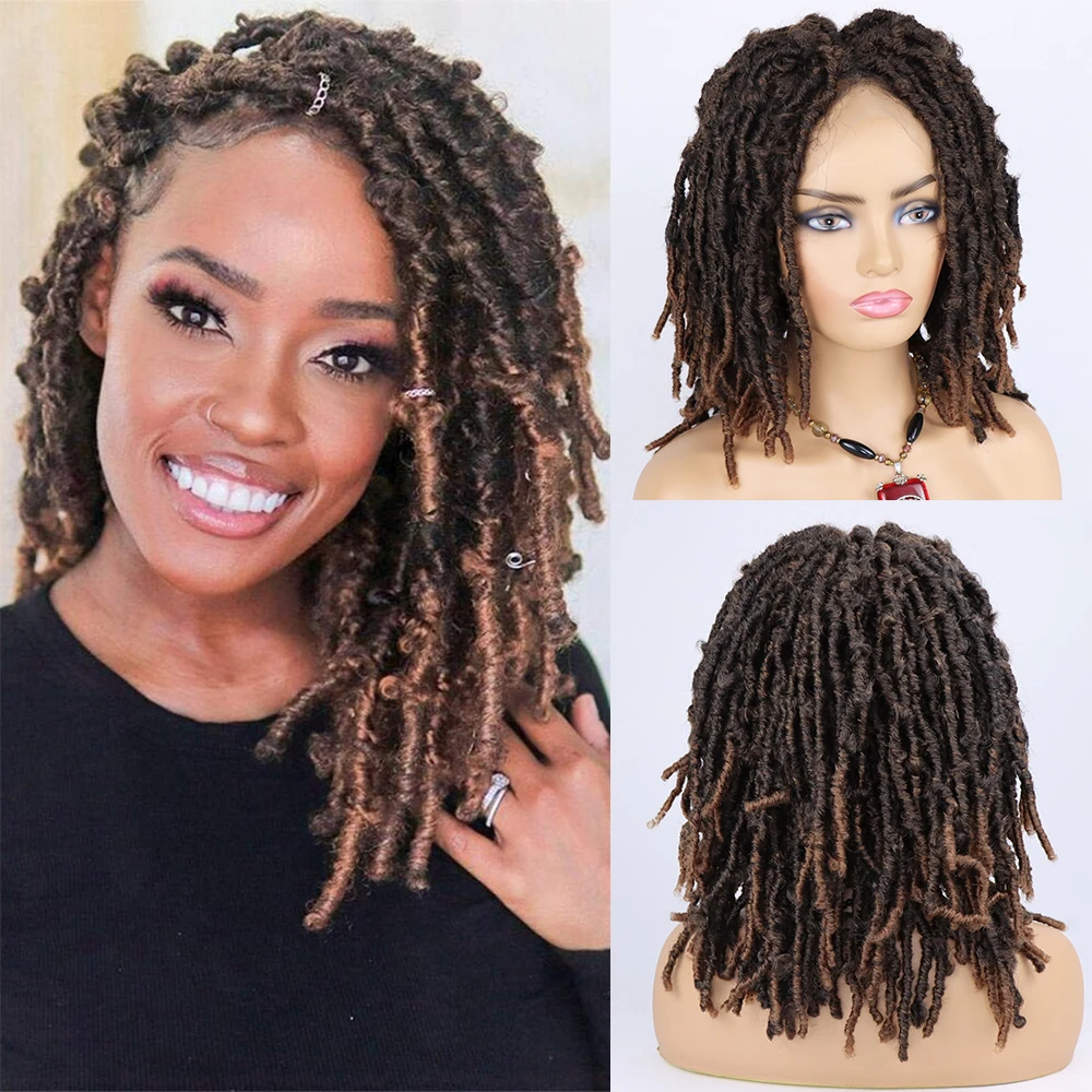 Synthetic Soft Bob Butterfly Locs Crochet Hair Lace Front Wigs 14Inch 18Inch Faux Locs Braids Messy Locs Hair Lace Frontal Wigs