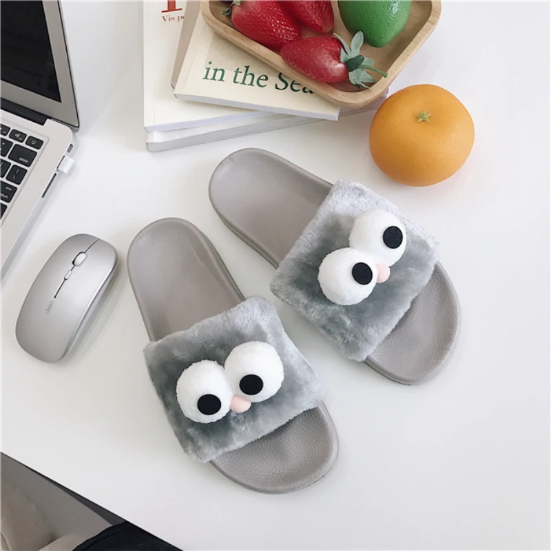 Женская обувь на плоской подошве нескользящие повседневные пушистые тапочки для