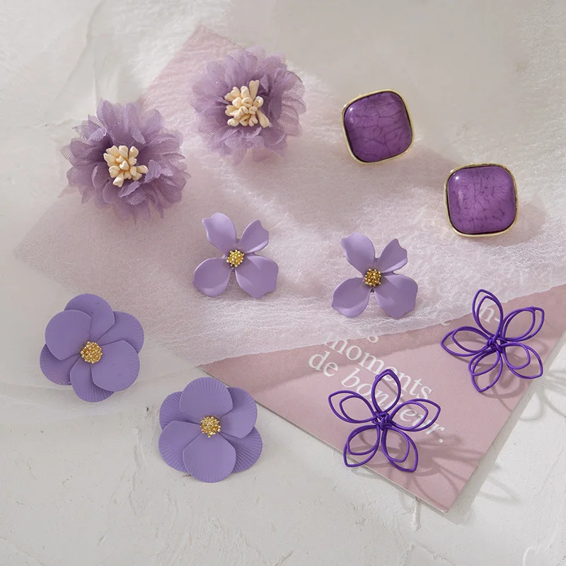 HUANZHI 2020 New Korea Simple Purple Crystal Flower Heart Geometric Hollow Metal Stud Earring for Women Girls Jewelry | Украшения и