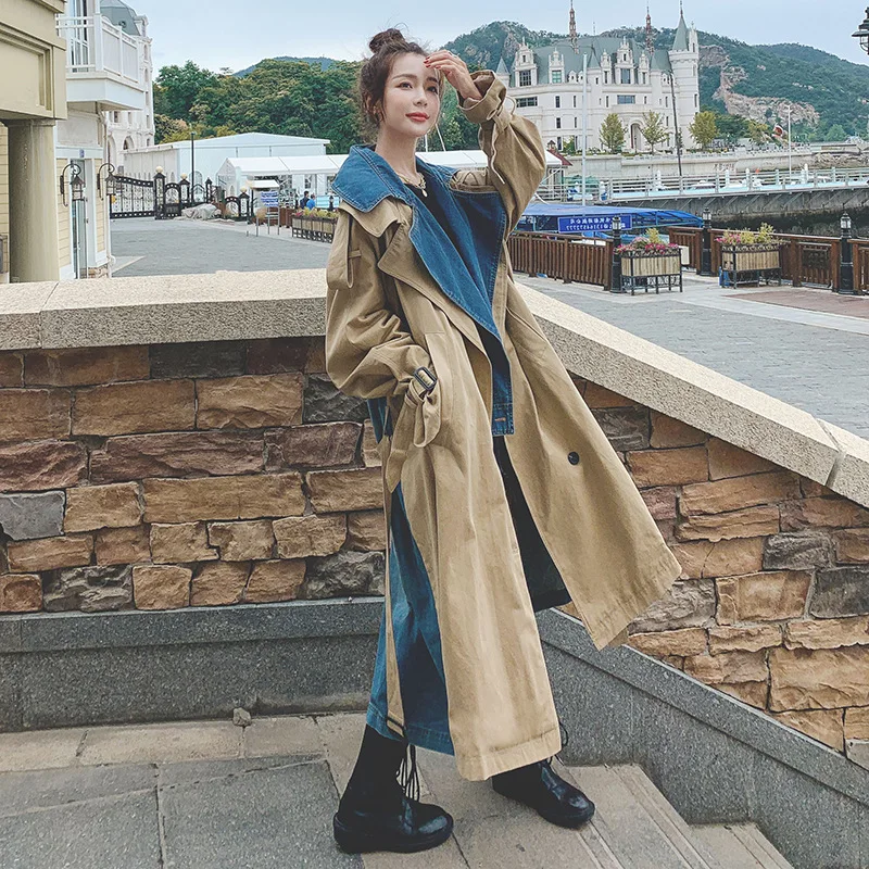 [EWQ] 2020 осенний Новый Тренч женский модный джинсовый пэчворк хаки Пальто Куртка