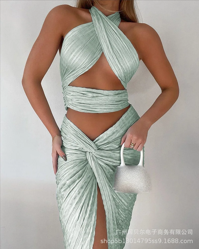 

Spot 2021 Women's New Gray-blue Sexy Halter Tie Suit Half Skirt