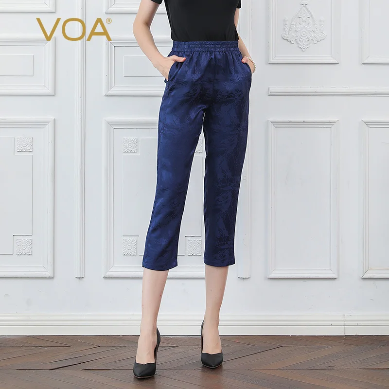 VOA/шелковые темно-жаккардовые брюки темно-синего цвета с эластичной резинкой на