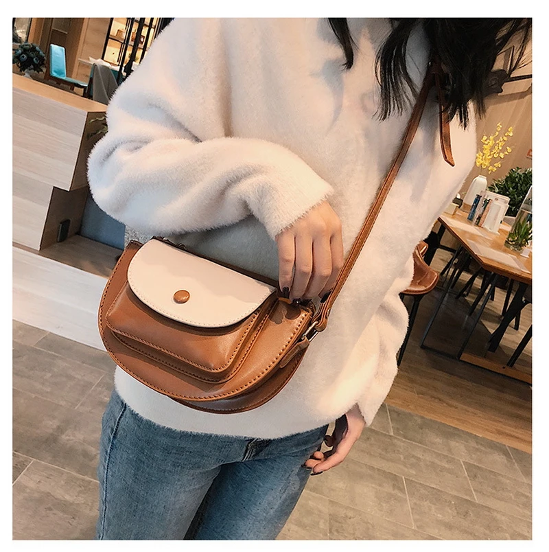 Mododiino Patchwork Saddle Bag Ladies Bag Contrast Color Shoulder Bag Simple Half Moon Women Bag Leather Crossbody Bag DNV1271
