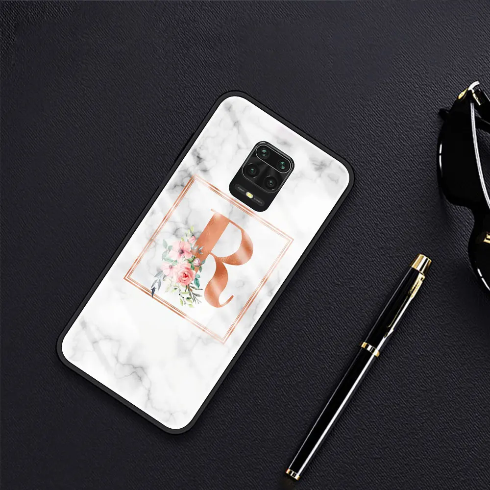 

Phone Case For Xiaomi Redmi Note 9S 8 9 8T 7 9C Mi 10T Pro 9T 10 Lite Tempered Glass Mobile Cover White Marble Letter