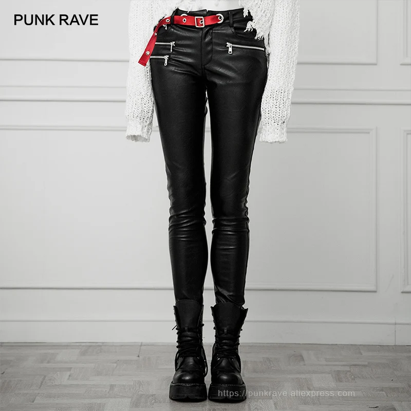 

PUNK RAVE Women's Punk Handsome Eyelet Contrast Color Belt PU Leather Pants Slim Fit Elasticity Women Skinny Pencil Trousers