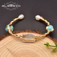 glseevo pure natural freshwater pearl bracelet turquoise baroque open bracelet woman handmade luxury jewelry gb0971