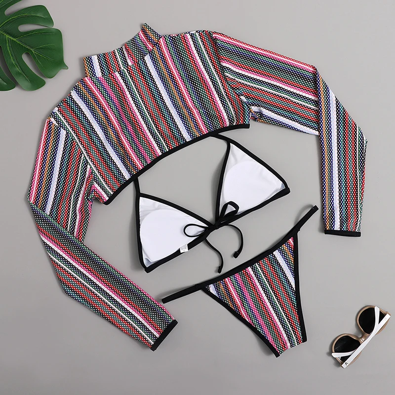 

Sexy Bikinis 2021 Swimsuit Women Thong 3 Piece Bikini sets Crop Top Long Sleeve Bathing suit Striped Swimwear Women Beachwear