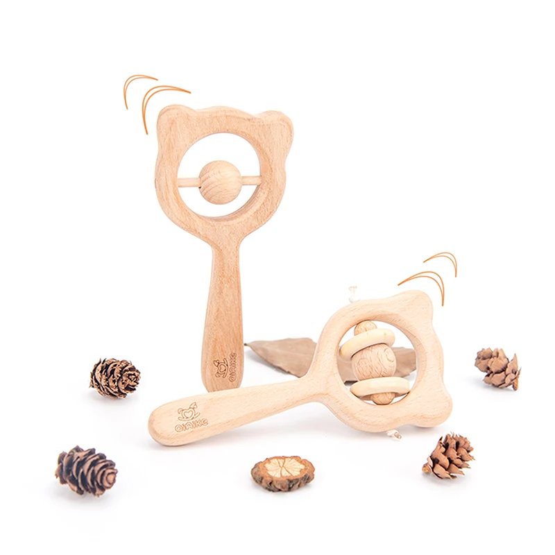 Wooden Rattle Beech Bear Hand Teething Ring Baby Rattles Play Stroller Home Toy