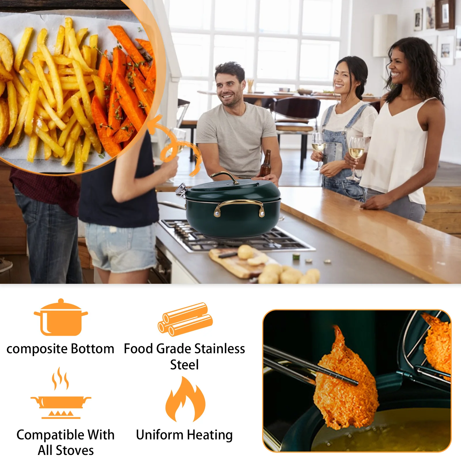 Japanese Deep Frying Pot with a Thermometer and Lid 304 Stainless Steel Pan 20/24cm Kitchen Tempura Fryer | Дом и сад