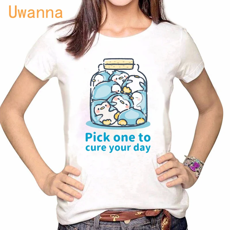 Женская футболка с принтом флакона пингвина летняя Милая мультяшная коротким