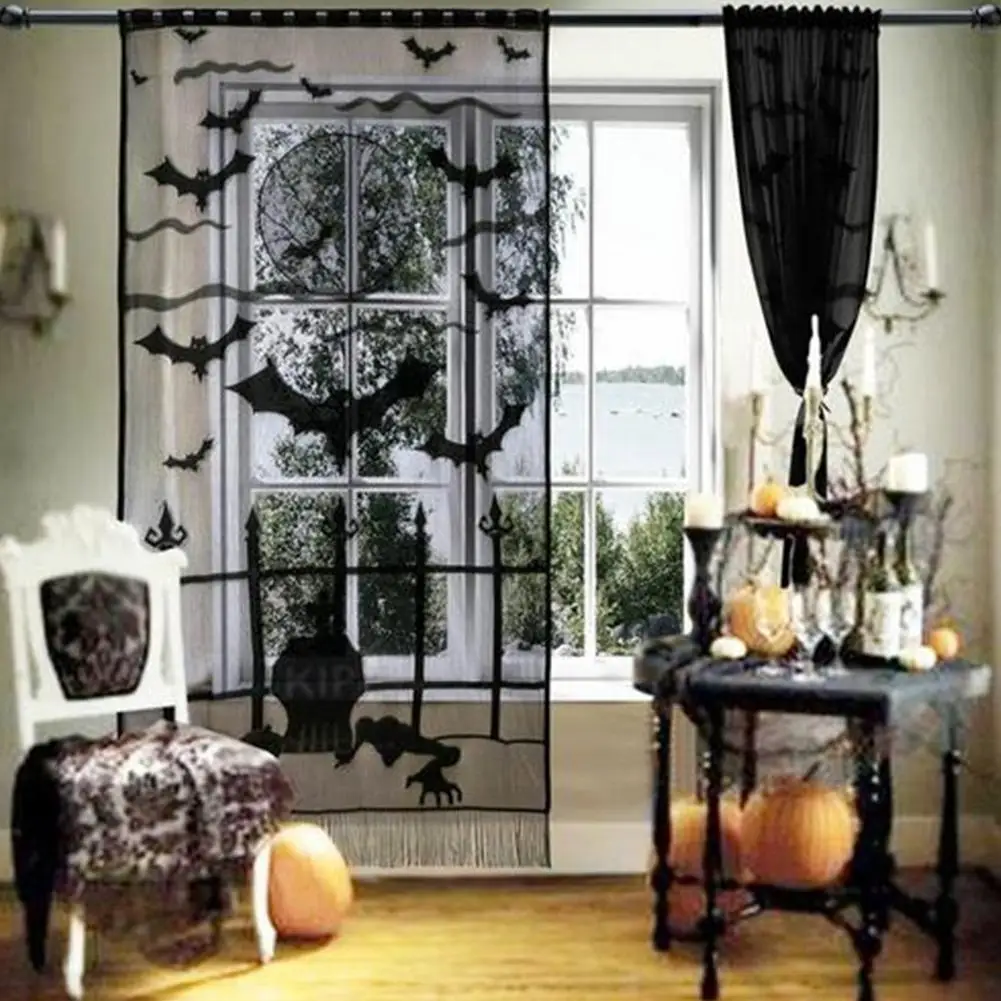 

Halloween Lace Curtain Black Bat Pattern Mysterious Washable For Door Curtain Door Panels Background Wall Party Decoration