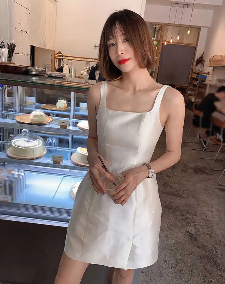 

Новинка, женское модное однотонное белое мини-платье из смеси шелка и шерсти с высокой талией, на бретелях-спагетти, с боковой молнией, карма...