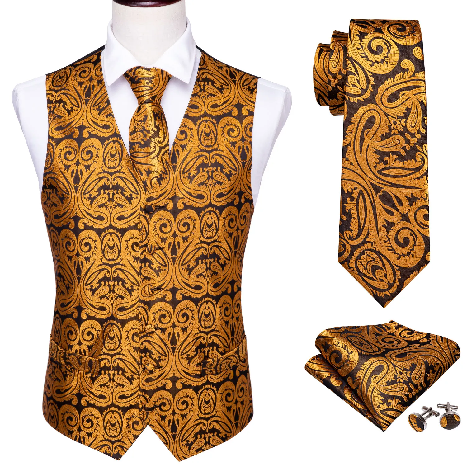 Gold Formal Silk Paisley Men’s Vest V-Neck Waistcoat Suit Set 4PC Tie Handkerchief Cufflinks Business Party Barry.Wang | Мужская