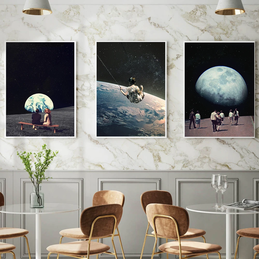

Night Sky Art Prints Earth Canvas Posters Surrealism Galaxy Space Moon Canvas Painting Scandinavia Cosmic Wall Pictures Sci-Fi