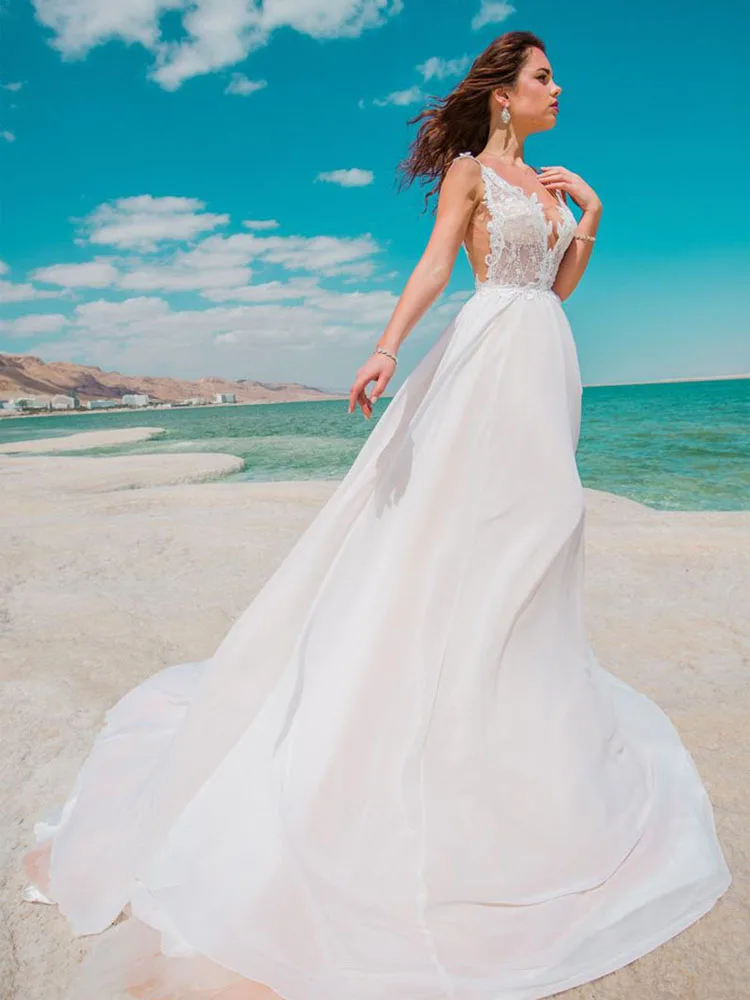 

Hi Shy Bride New Simple Wedding Dress Backless Sleeveless Design Chiffon Lace Bride Dresses Princess Dress Plus Size Tailor-made