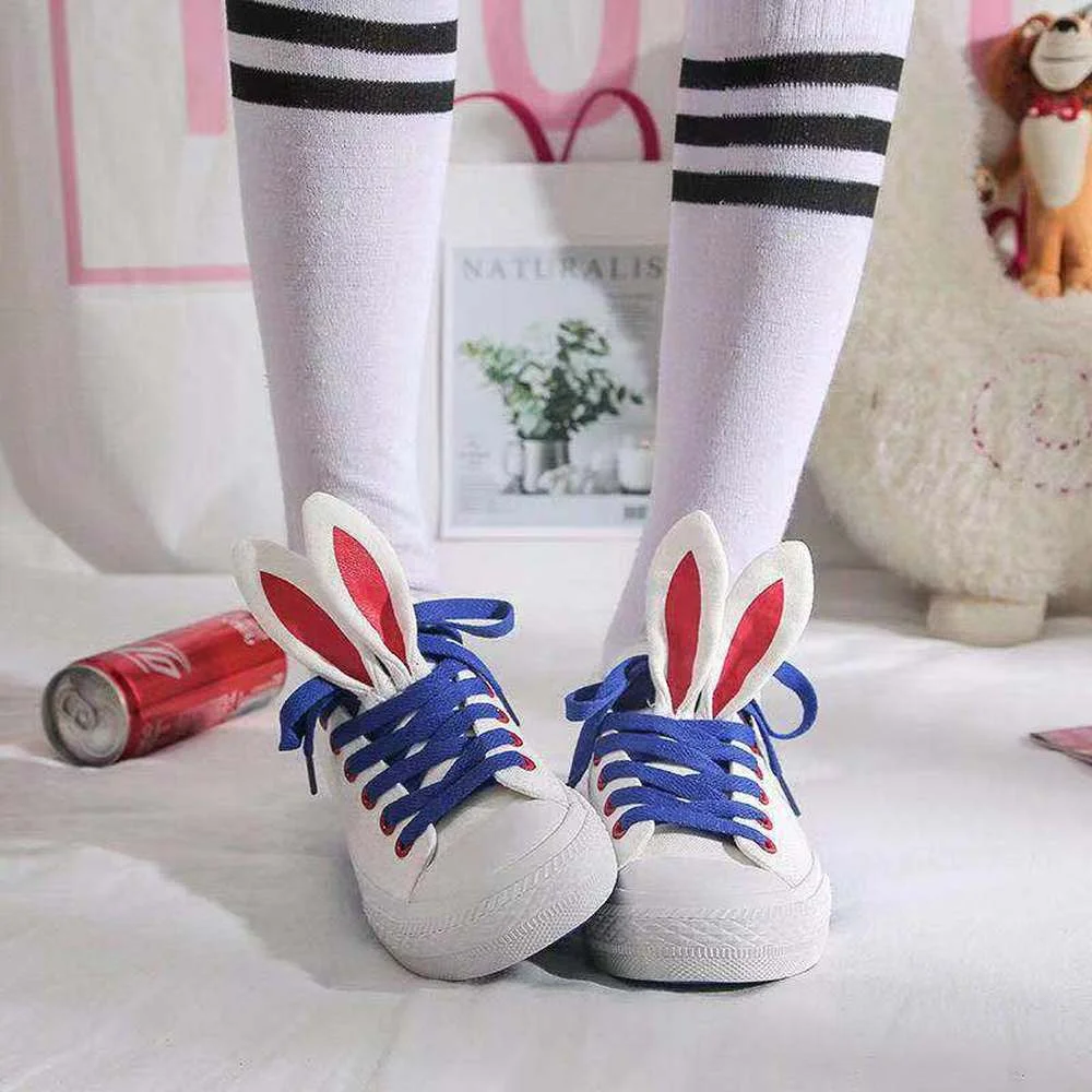 

Ulzzang Womens Canvas Rabbit Ear Printed Flats Sneakers Sport Shoes Casual Girls Cute White New 2022