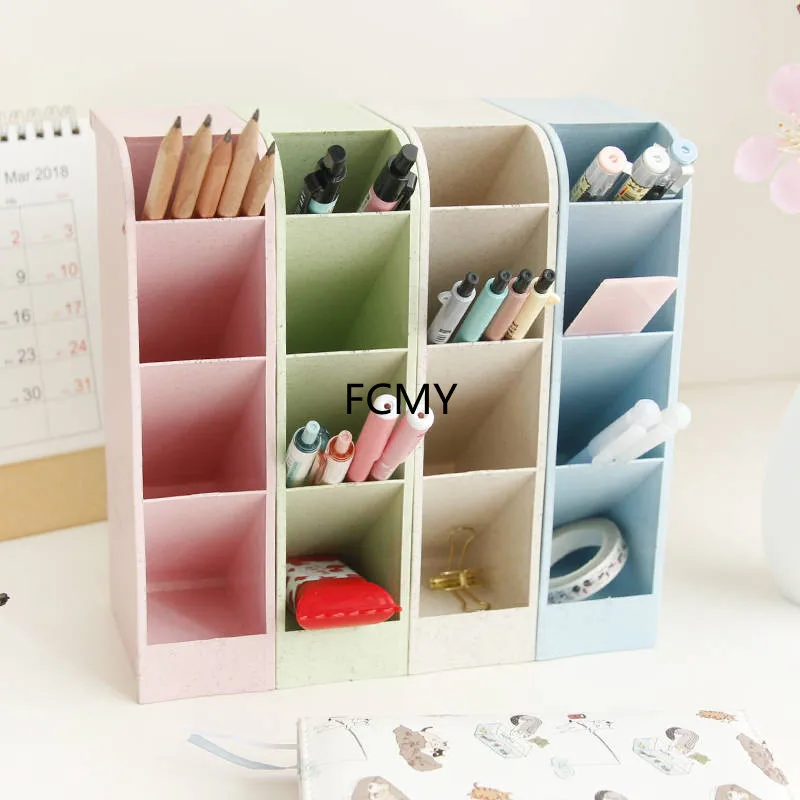 

Macaron Color Desktop Pen Holder Pencil Makeup Brush Storage Box 4 Grid Oblique Insertion Desktop Organizer School Stationery