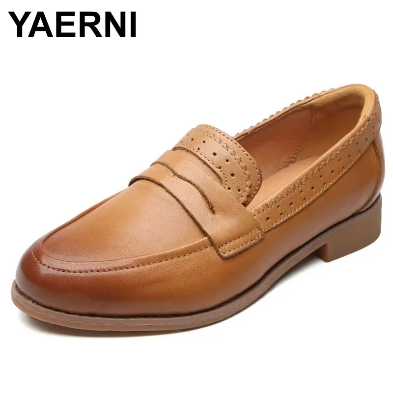 

YAERNI 2021 New Spring/Autumn Genuine Leather Round Toe Casual Retro Slip-on Cow Muscle Sewing Women Shoes Pumps