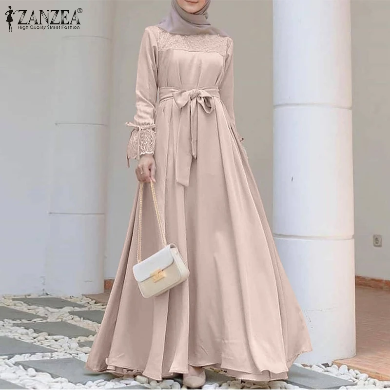 2021 ZANZEA Women Fashion Muslim Dress Long Sleeve Lace Patchwork Abaya Sundress Elegant Maxi Vestidos Marocain Robe Femme | Тематическая