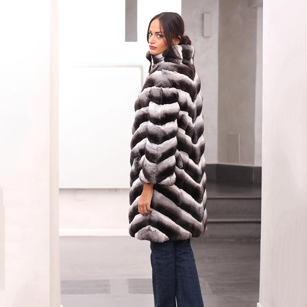 90cm Long Real Fur Coats Women Winter Chinchilla Color Natural Whole Skin Rex Rabbit Fur Coat Genuine 2022 Trendy Fur Overcoats