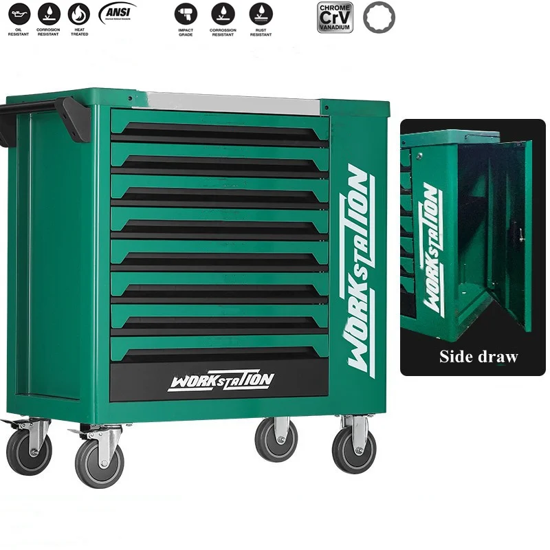 

Heavy-Duty Garage Toolkit Roller Cabinet Tools Workbench With 7 Drawers Side Cabinet Drawer Self-Locking Trolley Cart For Auto