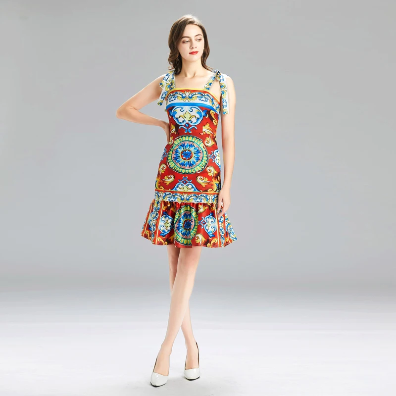 

Summer 2021 Newest Women's Bow Straps Sleeveless Slim Body And Hip Wrap Fishtail Elegant Print Cute Dress Party Sexy Midi Dress